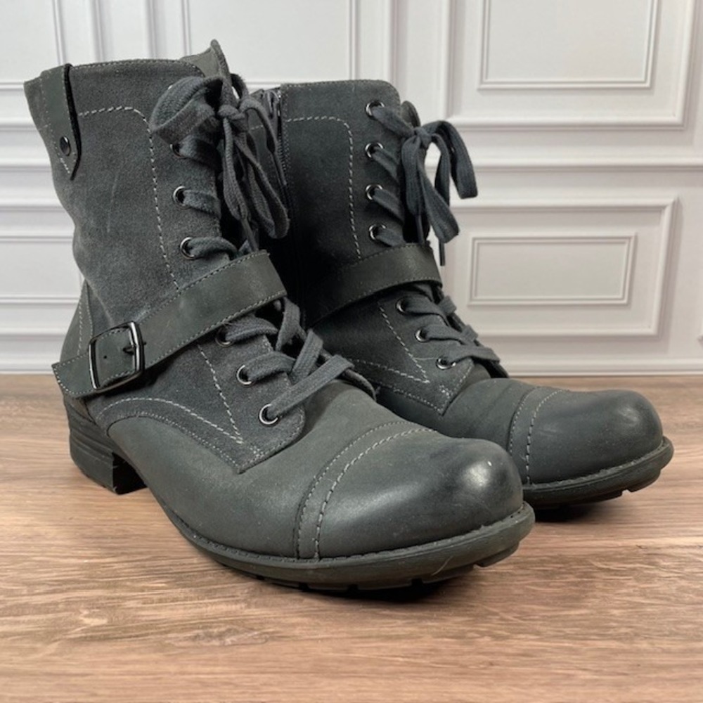 ABEO Verity Leather‎ Combat/Moto Boots Lace Up Buckle Accent EUC Gray Size 9.5N